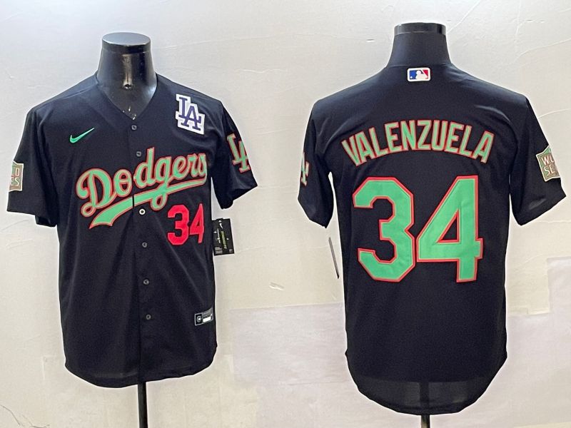 Men Los Angeles Dodgers 34 Valenzuela Black green Fashion 2025 Nike MLB Jersey style 4